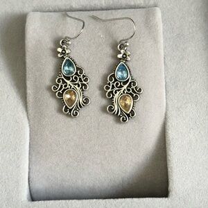 Silver Blue Brown Gemstone Dangle Earrings
